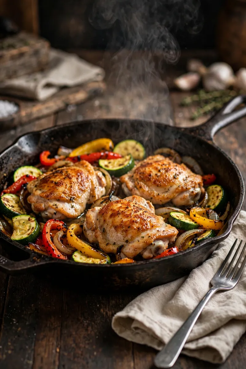 Cast-iron skillet with chicken thighs and roasted vegetables