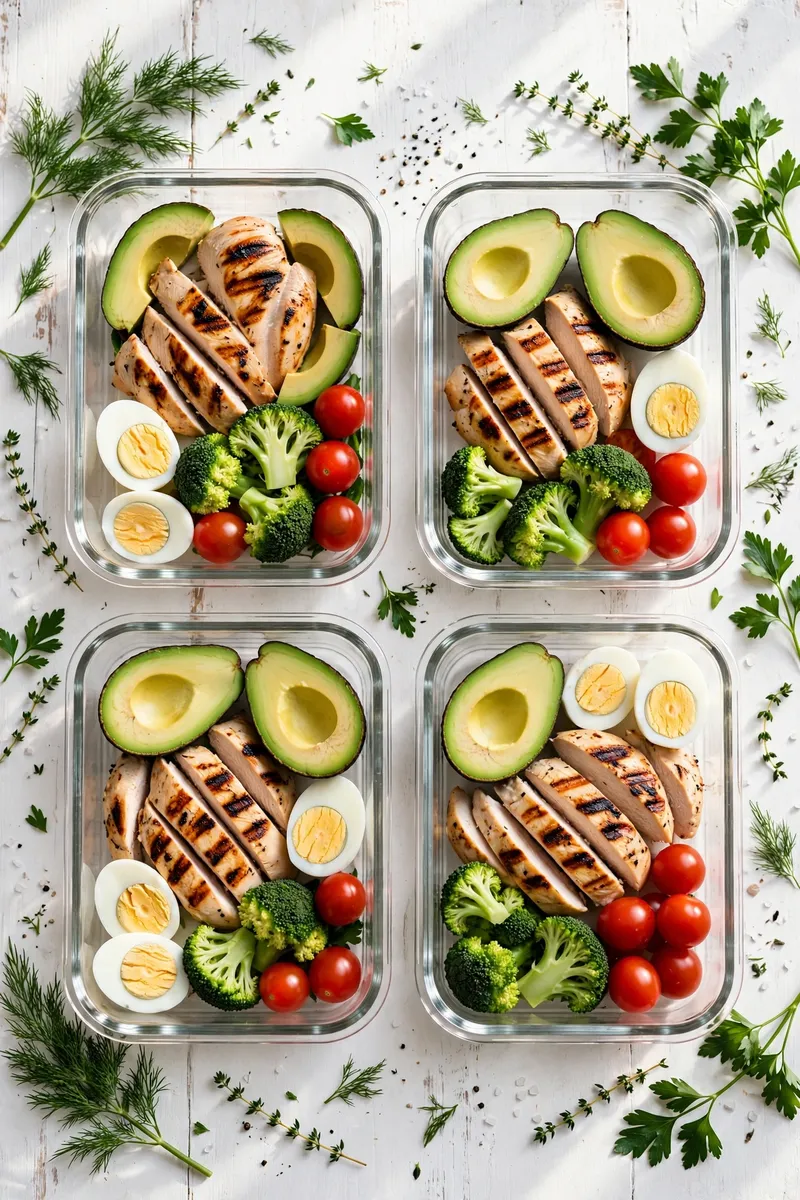 Keto meal prep containers with grilled chicken, avocado, eggs and vegetables